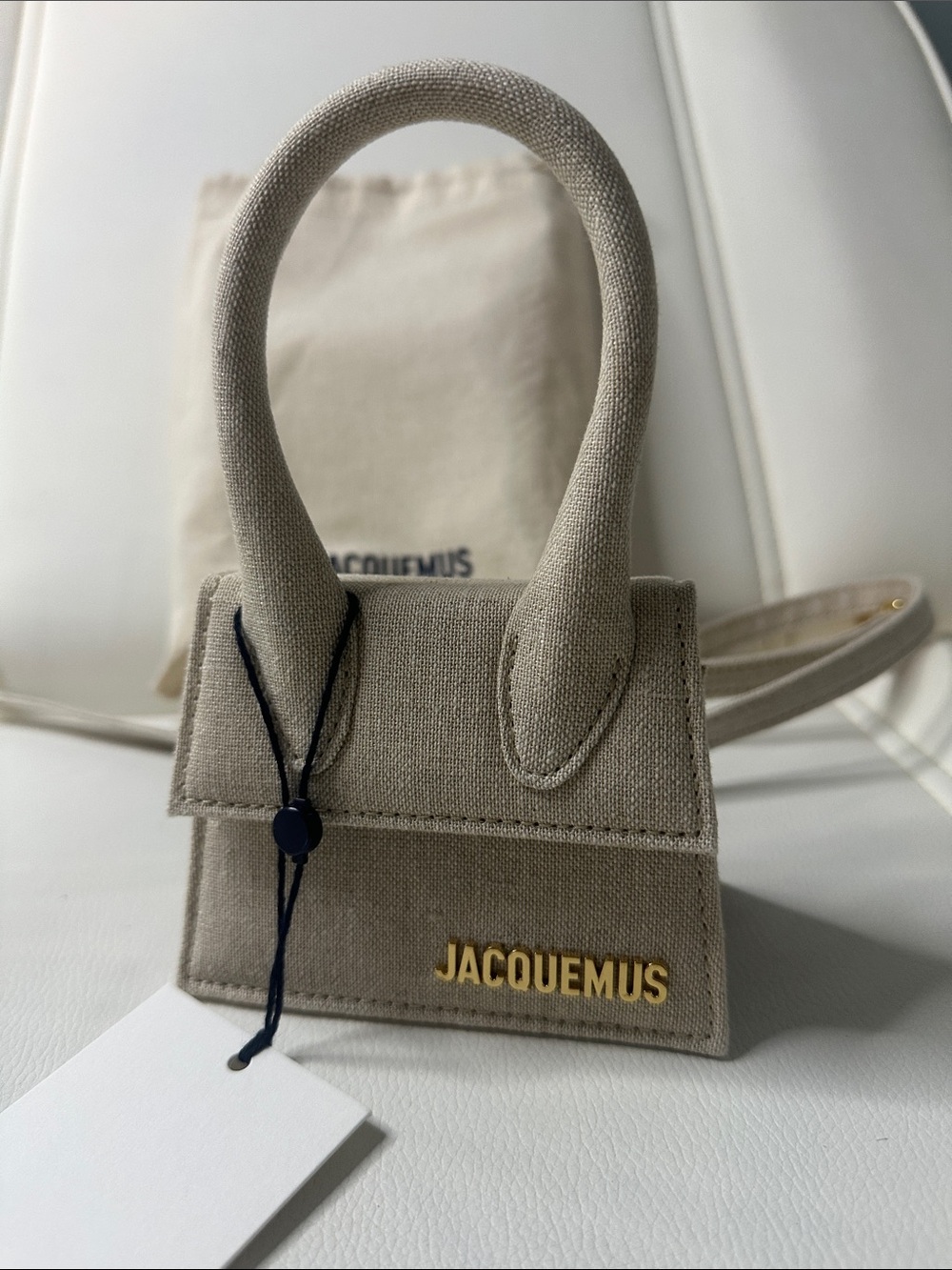 Genuine Jacquemus Beige Canvas Mini Top-Handle Bag with Gold Logo